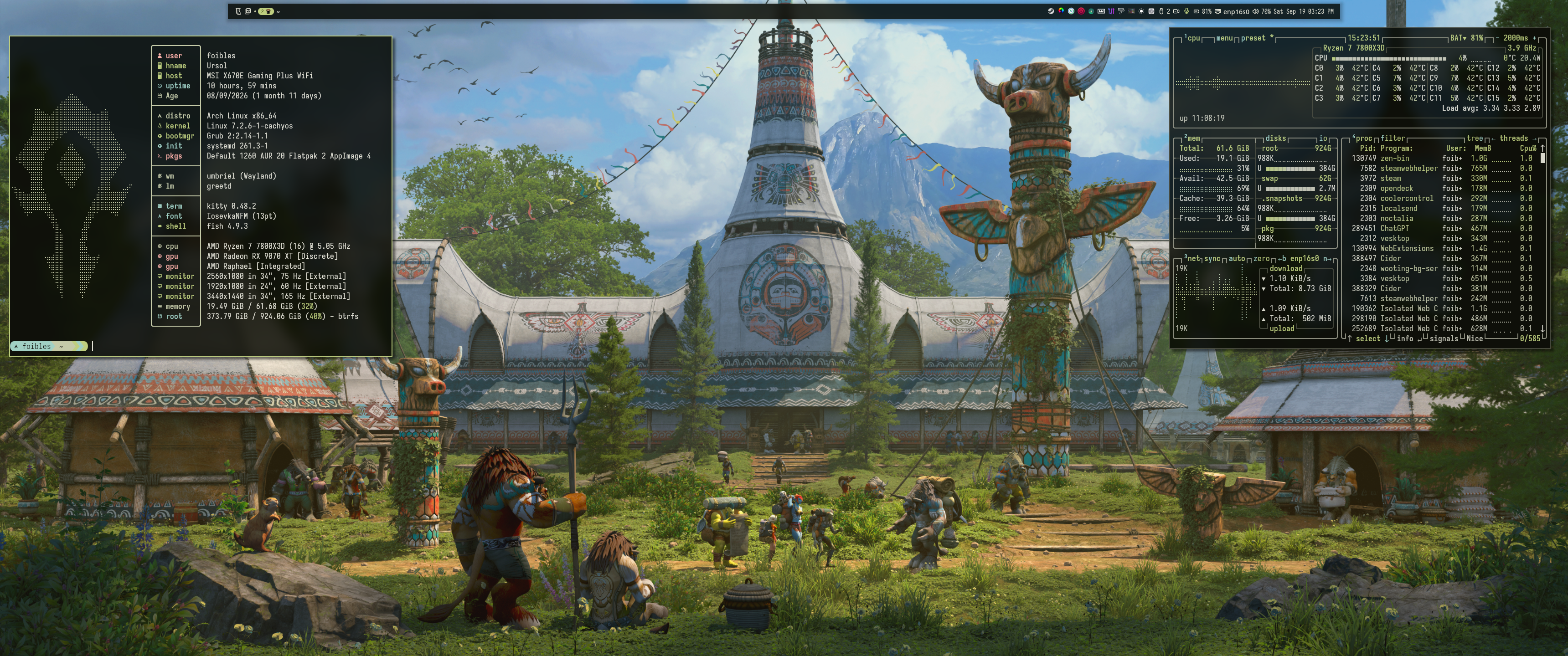 Linux desktop layout with a Fastfetch terminal, music widget, and purple fantasy city wallpaper