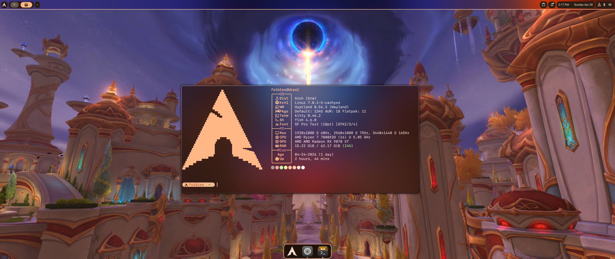 Linux desktop layout with Fastfetch and system monitor terminals over a fantasy village wallpaper