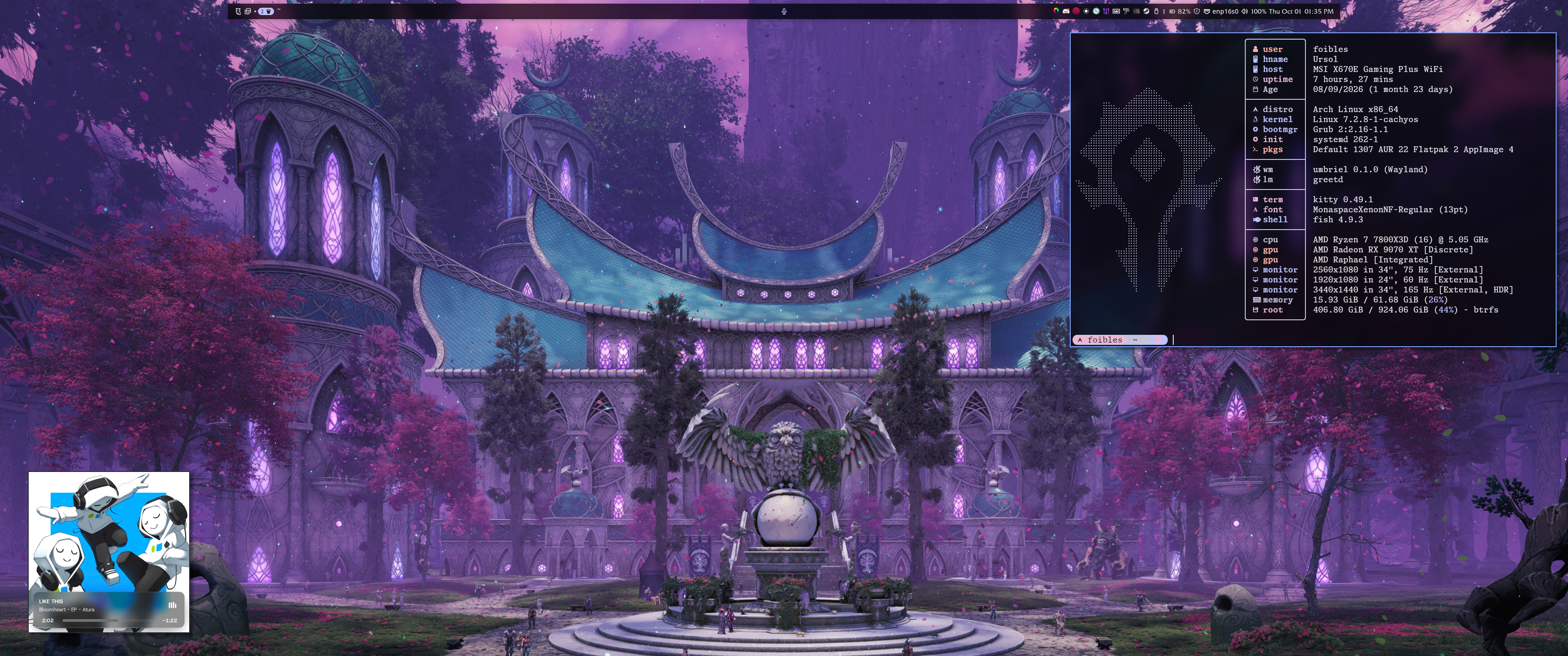 Linux desktop layout with a centered Fastfetch terminal and fantasy city wallpaper
